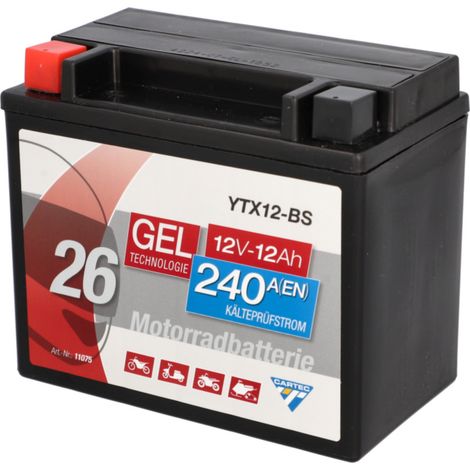 Cartec Gel Motorradbatterie YTX12-BS 12Ah 240A Gel-Batterie