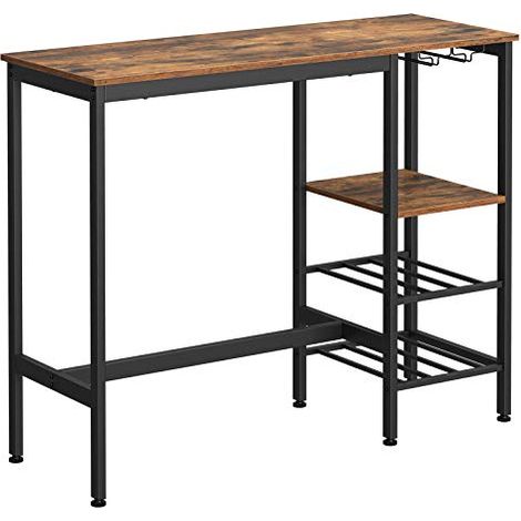 Table haute, table à manger, table de bar avec verre à vin et casier à bouteilles, pour salon, cuisine, 110 x 40 x 90 cm, industriel, marron rustique et noir LBT013B01 (1/5)
