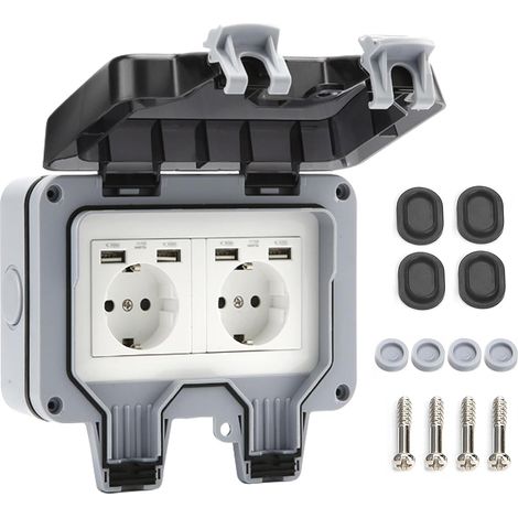 Prise externe avec ports USB, prise de jardin, montage saillant, étanche IP66, contact de protection avec rabat (1/5)