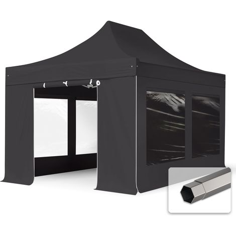 TOOLPORT 3x4.5 m PVC 800 Pop up gazebo party tent PREMIUM Steel 40 mm, incl. Sidewalls with Panorama Windows, fire resistant, black
