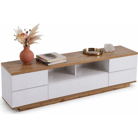 Mobile TV moderno 180 cm bianco con pannelli effetto legno, design a griglia, 5 ante e 2 vani aperti in MDF resistente – CHICFURN (1/5)