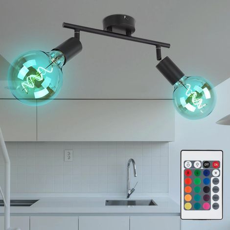 Plafonnier spot à 2 flammes, plafonnier orientable spot noir, métal, télécommande dimmable, 2x LED RVB 8,5W 806Lm blanc chaud, LxPxH 30x8x15,5 cm (1/5)