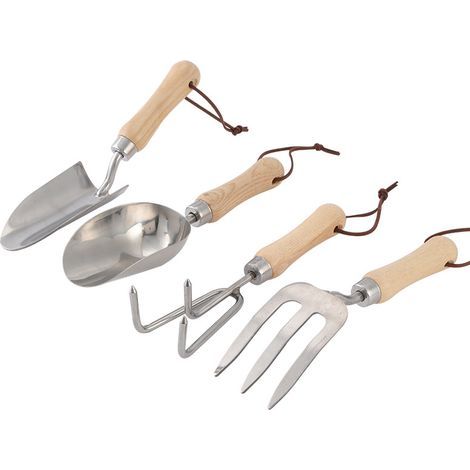 Kit de jardinería de acero inoxidable de 4 piezas, que incluye pala pequeña, pala de cubo, rastrillo de tres puntas y horquilla de mano. (1/5)