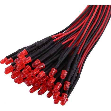 Lot de 50 LED diffuses 3mm multicolores avec fils pré-câblés, rouge (1), diodes lumineuses pour bricolage (1/2)