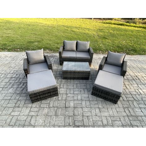 Fimous Outdoor Rattan Garden Furniture Set 6 Seater Patio Lounge Sofa Set with Coffee Table 2 Big Footstool Dark Grey Mixed (1/5)