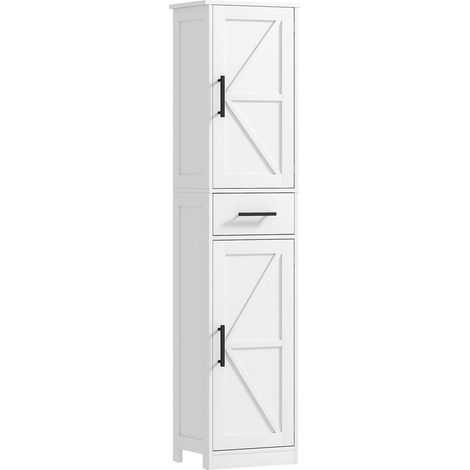 Meuble de salle de bain haut et étroit avec 2 portes, 1 tiroir et 2 étagères réglables, style rustique, 40 x 30 x 170 cm, blanc (1/5)