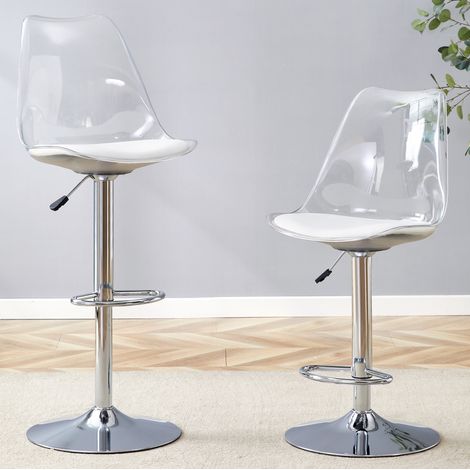 MODFU – Lot de 2 tabourets de bar réglables et pivotants 360° – Dossier transparent, assise PU et métal argenté – Charge 120 kg – Bar ou cuisine – Blanc et argenté (1/5)
