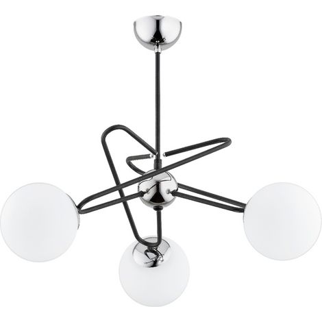 Alfa SAGITO Modern 3-Light Ceiling Lamp, Matte Black Metal Frame with Chrome Accents, White Glass Shades, E14 (Max 3x40W), Indoor IP20, 60x60cm, H 50cm