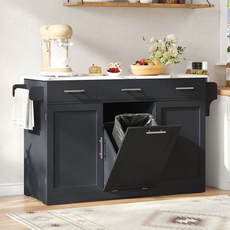 Isola da cucina - 136 x 50(75) x 92 cm - piano di lavoro pieghevole estensibile, carrello con multipresa, porta spazzatura a scomparsa, cassetti salvaspazio - moderno - MDF - grigio, naturale (1/5)