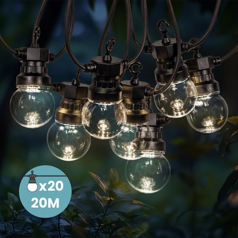 Skylantern – Guirlande lumineuse d'extérieur 20M transparente – 20 bulbes LED blanc chaud – Transformateur IP44 avec 3M de câble – Pour grands espaces