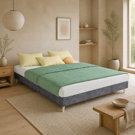 Letto 140 x 200 cm grigio in tessuto e metallo, struttura letto minimalista DESVIAE (1/5)