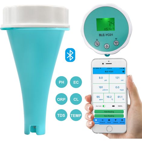 Détecteur de chlore résiduel 6-en-1 pour piscine – Analyseur Bluetooth pH, ORP, CE, TDS, température – Écran LCD rétroéclairé