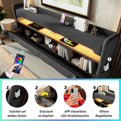 Lit double capitonné 140x200 cm, sommier avec coffre hydraulique, tête de lit escamotable avec rangement intégré, ports USB-C, éclairage LED périphérique 360°, revêtement lin gris, matelas non fourni (1/5)
