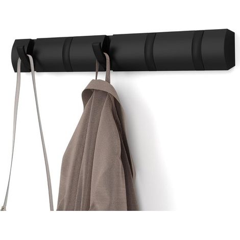 Perchero con 5 ganchos plegables - Soporte de pared de metal negro - Perchero para entrada, pared, puerta, baño, dormitorio - Negro - 35x5x2cm (1/5)