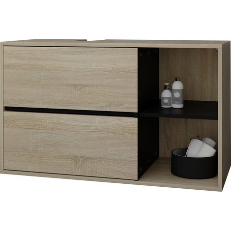 ML-Design Mobile Sottolavabo Bagno Marrone-Nero 100 x 60 x 45,5 cm Armadietto per Lavandino con 2 Cassetti e Scaffale Mobiletto Sottolavello Sospeso Portaoggeti Arredo Salvaspazio in Legno MDF