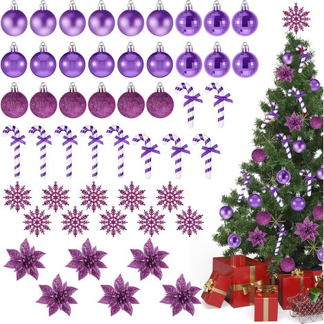 88 ornements sapin Noël flocons neige scintillants violet cannes bonbon fleurs poinsettia (1/4)