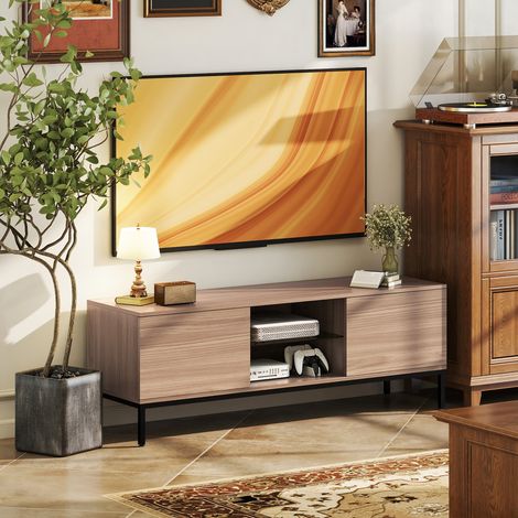 Meuble TV meuble télé pour téléviseur jusqu'à 60 pouces avec 2 portes et étagère en verre réglable 140x40x49,5cm gris (1/5)