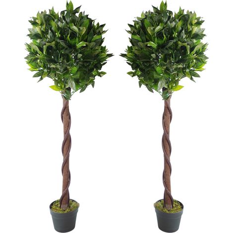 Pair of 120cm (4ft) Twisted Stem Artificial Topiary Bay Laurel Ball Trees