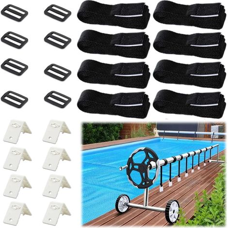 Kit de Fixation pour bâche Solaire de Piscine, Kit D'enroulement pour Piscine, 8 Sangles Adhésives de Nylon, 8 Plaques de Fixation, 8 Boucles