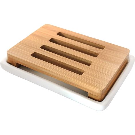 Porte-Savon en céramique Porte-Savon en Bambou pour Salle de Bain et Douche boîte de Savon de Drainage à Double Couche (1/5)