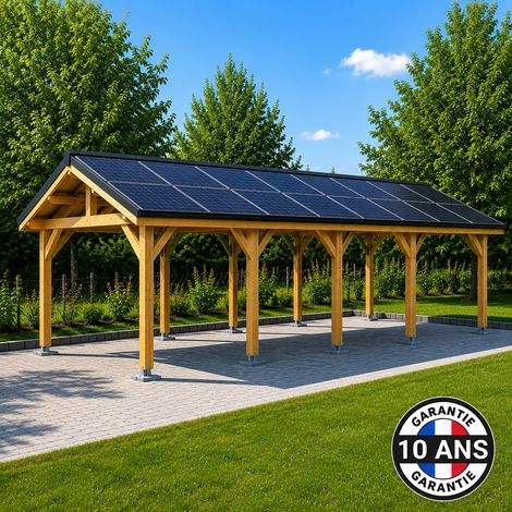 Carport bois 2 pentes en bois douglas 40 m², 6 poteaux avec pieds de poteaux réglables. Abri voiture extérieur. Garantie 10 ans. (1/5)