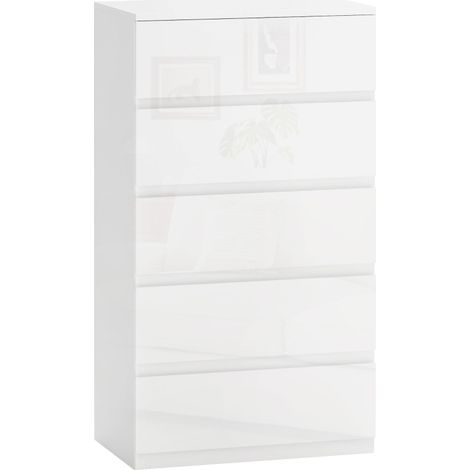 Cassettiera Moderna 5 Cassetti Antiribaltamento in Legno, 55x33x100 cm, Bianco Lucido