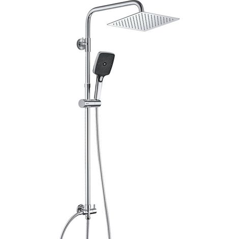 JOHO – Colonne de douche sans mitigeur en acier inoxydable chromé – Douche pluie carrée 20x20 cm – Douchette à main 11x11 cm 3 jets – Installation facile sur robinetterie existante – Économie d’eau