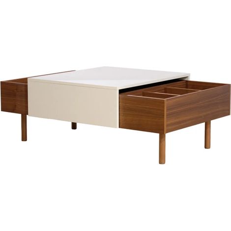 Table basse relevable plaquée noyer avec plateau coulissant crème – 3 compartiments de rangement – Dimensions 120x74x41cm – Meubletmoi (1/5)