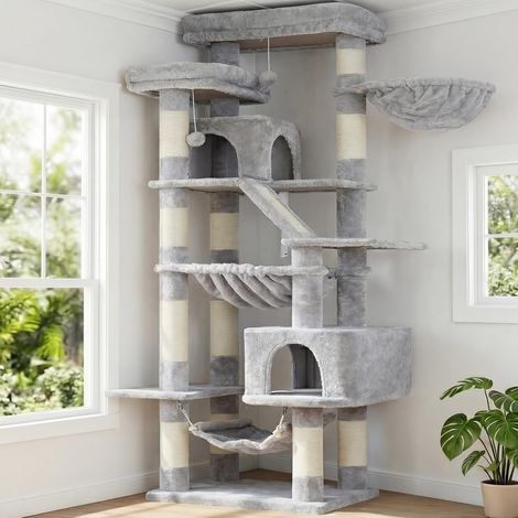 Arbre À Chat, Tour De Griffer 180 cm, 2 Plateformes, 2 Cabanes De Sommeil, 2 Hamacs, Panneau À Griffer. Grand Meuble pour Chats avec Endroit Dormir, Gris Clair HCT034W (1/5)