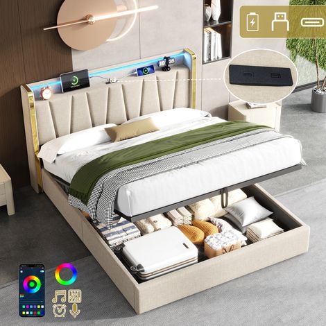 4ft6 Double Upholstered Bed Frame with Hydraulic Storage, LED Headboard with Charging Station and Chrome Trim, USB and Type - C Ports, Linen, No Box Spring Needed, Beige (No Mattress)
