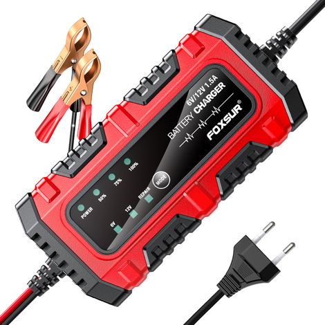 FOXSUR Chargeur Batterie Moto Tondeuse 6V 12V 1,5A Automatique – Mainteneur Trickle LED, Réparation Impulsions Plomb AGM GEL LiFePO4 4-30Ah (1/5)