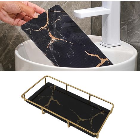 Étagère de rangement pour cosmétiques de salle de bain, plateau carré, noir à motifs dorés, petit format (1/5)