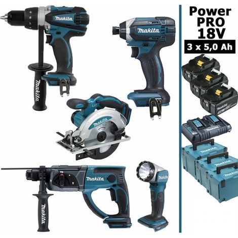 Pack Makita Power PRO 18V: Perceuse 91Nm DDF458 + Scie circulaire 165mm DSS610 + Perforateur 2J DHR202 + Visseuse à chocs 165Nm (1/5)