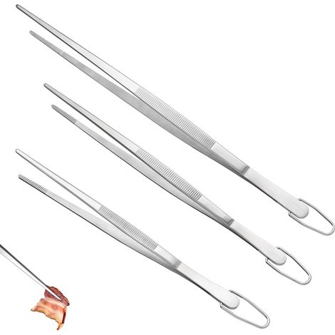 Set de 3 Pinces de Cuisine – Acier Inoxydable 18/8 Alimentaire, Soudure Sans Joint – Pour Cuisson, Pâtisserie, Service, Friture, Décoration, Dressage et Barbecue (Embout Pointu, Argenté)