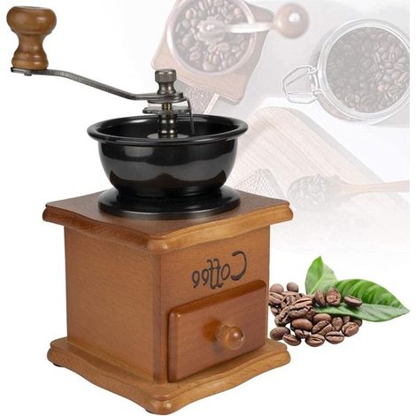 Moulin à café vintage - Moulin à café manuel en bois avec réglage de mouture - Moulin à café manuel avec meules en céramique - Tiroir de récupération - Idéal pour le café filtre et l'espresso