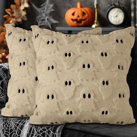 Lanpn Lot de Fantôme Housse de Coussin Halloween 40x40 cm, Fantôme à Deux Yeux Vintage Parure Oreiller Décoration de Lit Grimace Deco pour Chambres Canapé Halloween Decoration (Beige, Style 01) (1/5)