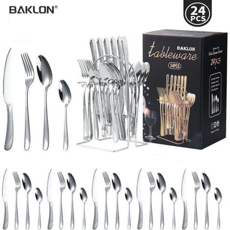 (Argent) Ménagère 24 pièces en acier inoxydable, pour 6 personnes, comprenant couteaux, fourchettes et cuillères, finition polie miroir. (1/4)