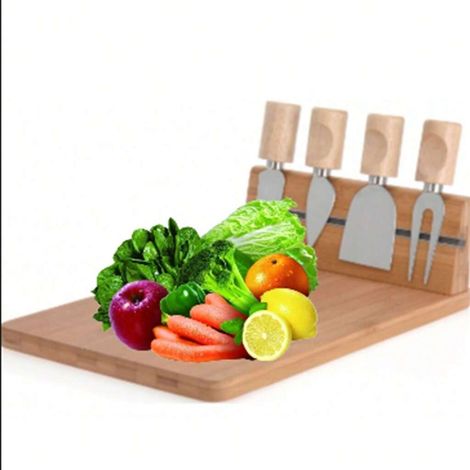 Plateau à fromage en bois + 4 couteaux à fromage inox, set de service pour apéritif, planche à découper et présentation, assortiment pour 4 personnes, idéal cadeau gastronomique. (1/2)