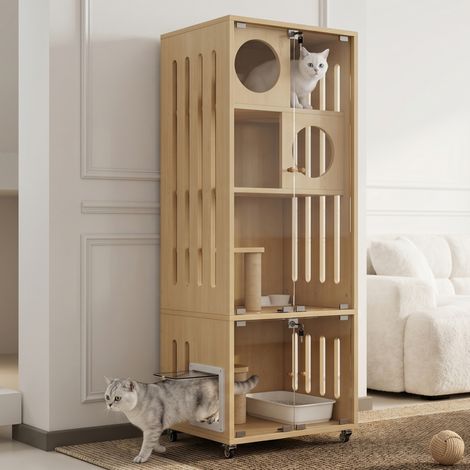 Villa pour chat, enclos pour chat, maison pour chat d'intérieur, mobilier pour chat, grande cage pour chinchilla, maison pour chat en verre sur roulettes, avec clé, maison pour chat mobile, avec chati (1/5)
