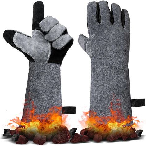 Gants Soudure Cuir, Gant Barbecue Anti Chaleur, Gants de Travail Résistant au Feu, Manchettes Longues, pour Soudeur Four Jardinage Cheminée Grill Tig, 40 x 20 cm, 1 Paire, Gris (1/5)