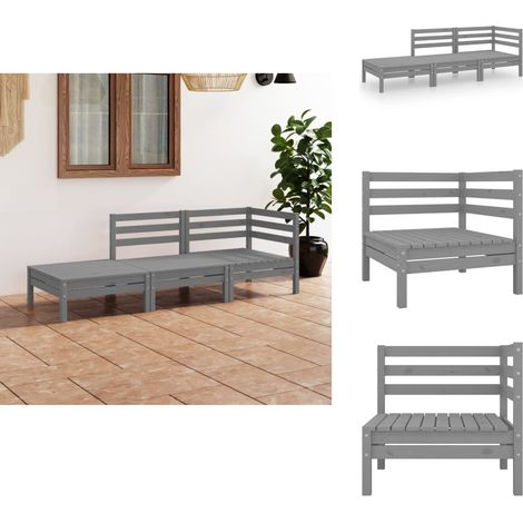 3-tlg. Garten-Lounge-Set Grau Massivholz Kiefer - Gartenmöbel - Loungesessel - Gartenloungeset - Rattan Möbel - Holz Gartenmöbel (1/5)
