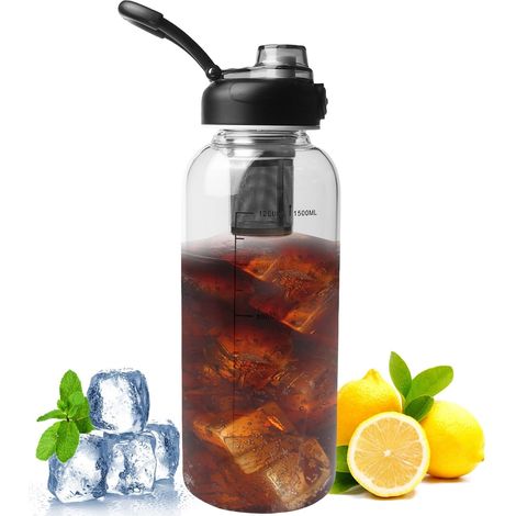 1,5-Liter-Wasserflasche aus transparentem Glas, mit Markierungen, auslaufsicher, mit einzigartigem Verschluss, große Glasflasche für Fitness, Zuhause, Büro und Teeliebhaber