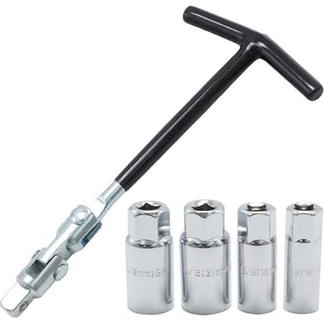 Lot de 5 clés à douille pour bougies d'allumage universelles 14/16/18/21 mm, construction en acier au carbone à haute dureté, design avec poignée en T, convient à la plupart des voitures et (1/4)