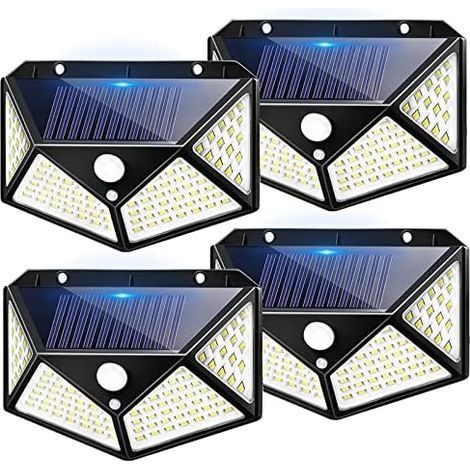 4 PCS Ensemble de lampes solaires extérieures 100 LED avec détecteur de mouvement, angle d'clairage 270, étanchéité IP65, luminaires muraux pour jardin, terrasse, cour, lumières de séc (1/4)