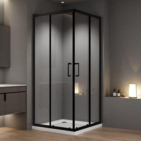 Duschkabine Eckeinstieg 80x80 cm Schwarz Schiebetür Duschabtrennung Eckeinstieg Doppel Schiebetür mit 6mm ESG Sicherheitsglas, Schiebetür Höhe 185 cm, LINKS & RECHTS MONTIERBAR (1/5)