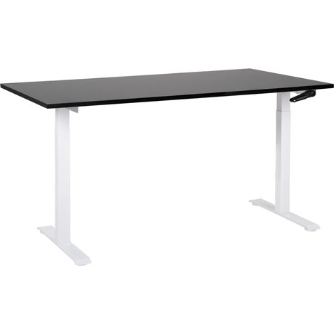 Escritorio de altura regulable manualmente oficina moderna patas cuadradas 160 x 72 cm tablero negro soporte de acero blanco DESTINES (1/5)