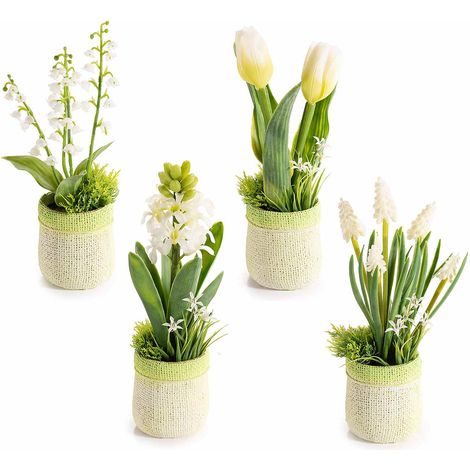 Vasi colorati ad effetto juta con fiori artificiali bianchi, set da 4 pezzi, cm 6,5 x 6 x 23 H