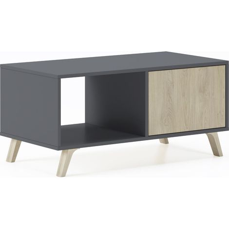 Skraut Home - Mesa de centro con puertas, salón comedor, Modelo WIND, color estructura Gris Antracita, color puertas Roble, medidas 92x50x45cm de altura. (1/5)