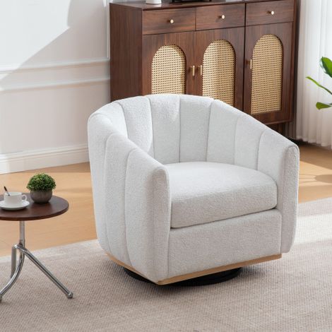 Sillón acolchado giratorio 360°, base metal, decoración borlas, diseño calabaza, para salón, sala familiar, dormitorio, espacio relax - Tela chenilla marfil (1/5)