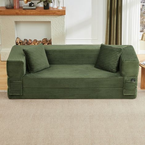 Canapé convertible vert en mousse avec revêtement en velours côtelé et design carré classique (1/5)